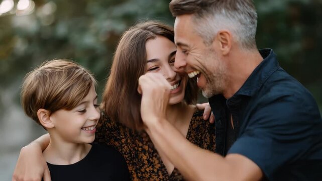 Happy family moment captured during a light-hearted outdoor gathering of parents and children enjoying quality time together in a natural setting