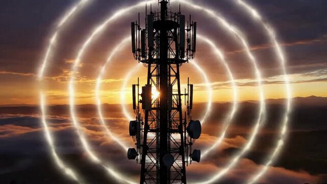 Silhouette of a telecommunication cell tower broadcasting signals against a vibrant sunset sky backdrop