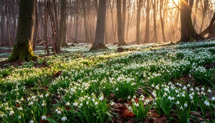 Sunlit forest floor blanketed in snowdrops
