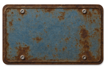 Rusty blue metal license plate with blank surface showing corrosion and weathered texture, vintage style object, transparent background