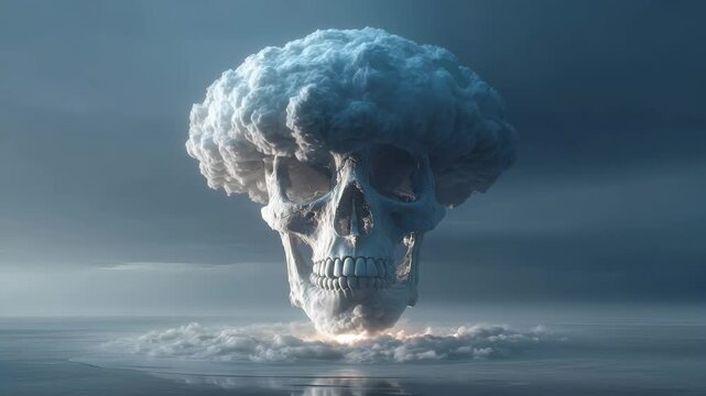 Cloud formation in the shape of a skull rises above the ocean under a gray sky during a stormy afternoon in an imaginative scene