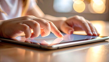 Fototapeta premium Touch Technology Interaction: A close-up view of hands engaging with a tablet, highlighting the intuitive connection between technology and user in modern digital communication.