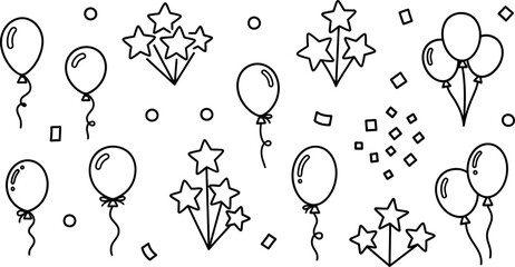 Festive handdrawn line art doodle icons featuring celebration balloons twinkling stars and confetti elements perfect for event decoration and party designs