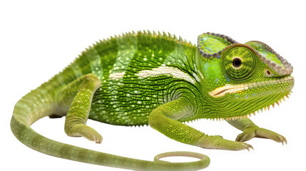 Fototapeta premium Green chameleon with its tail curled on a white background isolated