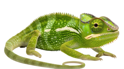 Green chameleon with its tail curled on a white background isolated