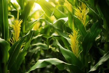 Fototapeta premium Green cornfield bathed in warm summer sunlight, showcasing vibrant tassels and lush leaves