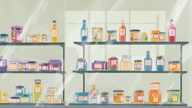 Pharmacy Shelves Stocked with Various Medications.