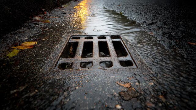 Water collects on the road near a drain as rain falls during a wet evening in an urban setting