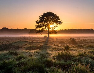 Sunrise silhouettes a lone tree in a misty field