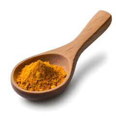 Spoonful of yellow turmeric powder, healthy Thai herbal spice and cooking ingredient isolated on white background