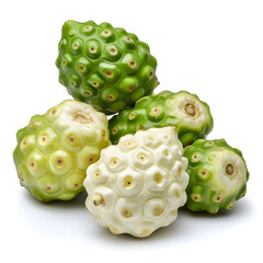 Fresh stack of healthy noni fruit, morinda citrifolia, isolated on clean white background for wellness concepts