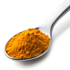 Spoonful of yellow turmeric powder. healthy herbal spice ingredient for cooking on white background. Natural and aromatic