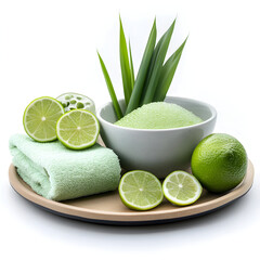 Refreshing spa herbal treatment with lime and bath salt for natural wellness. relaxing and tranquil composition