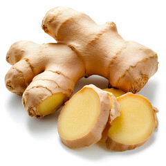 Aromatic fresh ginger root sliced for cooking. healthy food spice and natural raw ingredient isolated on white background