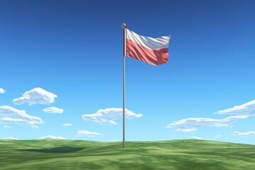 Polish flag waving in the wind on a green hill under blue sky