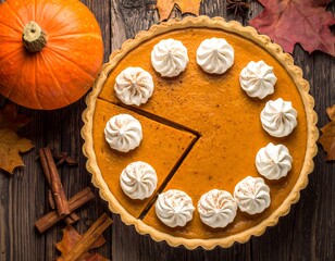 Thanksgiving pumpkin pie on rustic wooden table