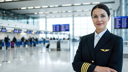 Fototapeta premium Female pilot in uniform stands confidently at airport terminal, showcasing professionalism and readiness for flight, with passengers and check-in counters in the background