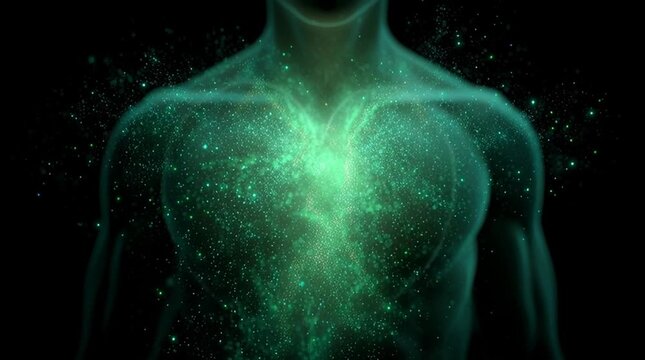 Close-up silhouette of human chest with green heart chakra light gently expanding and contracting like breathing, soft particles drifting outward, creating a calm, spiritual, loop-ready visual.
