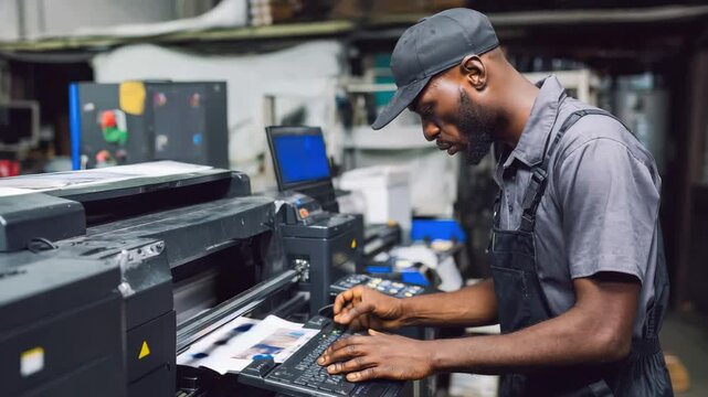 Worker operates a large printing machine in a print shop while checking quality of printed materials during a busy weekday shift