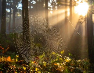 Sunrise spider web in a misty forest