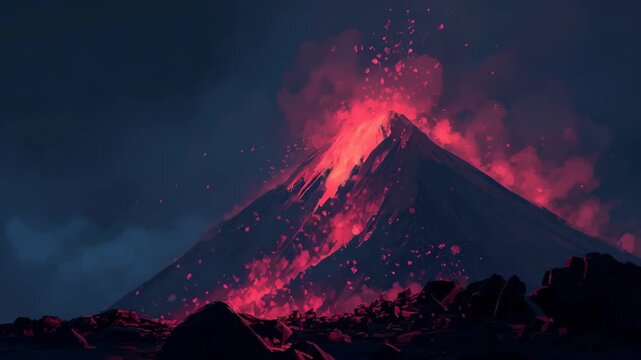 Volcano erupts at night with bright lava flows and glowing embers in the sky near rocky terrain and dark clouds