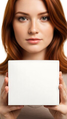 Young woman with red hair holding a white blank box in front of her face, studio shot