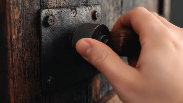 Close view of a rustic door handle made of metal and wood, showing the texture and details of the design and craftsmanship of the old door