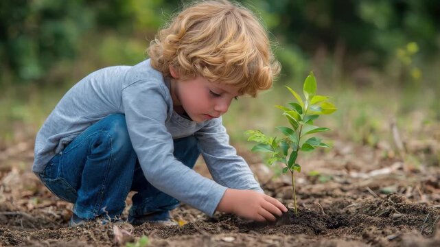 Child plants young tree in soil during sunny day in rural area while enjoying outdoor activity with nature