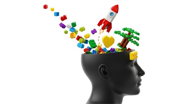 Creative Mind Concept Human Head with Colorful LEGO Building Blocks Rocket and Tree Imagination