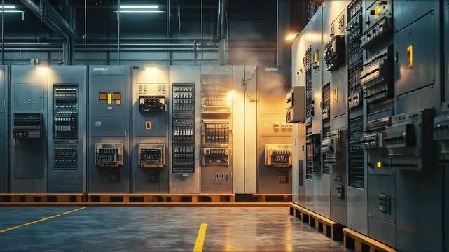 Industrial control room with electrical panels and machinery