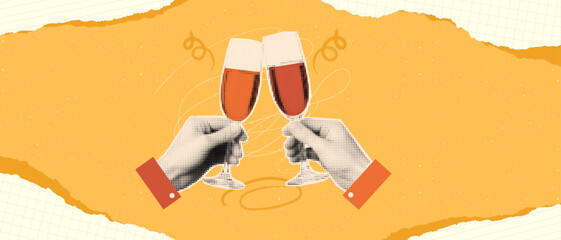 Vintage halftone-style collage of two hands clinking champagne glasses on torn paper background. Perfect for New Year, celebration, or retro-themed party designs.