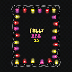 Romantic Glowing Heart String Lights Border Frame with Neon Heart-Shaped Bulbs on Transparent Background