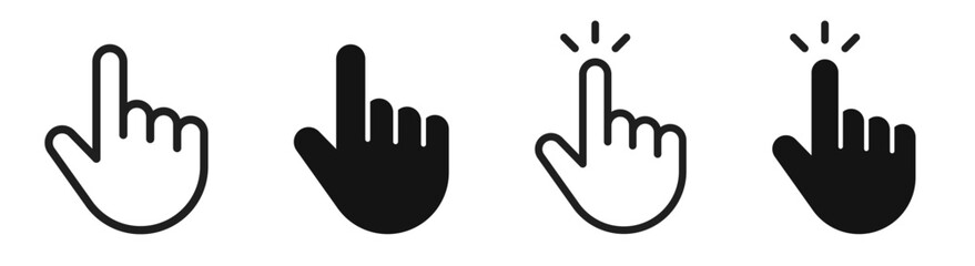 Hand pointer icon set. Clicking finger, cursor, gesture, touch. Hand click symbol on white background - stock vector.