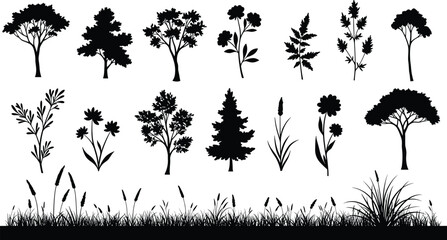 Tree silhouettes, plant shapes, grass blades, botanical elements, nature icons, foliage design, black vector, landscape assets, floral graphics, isolated vegetation © Arafat World