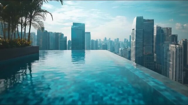 Luxurious rooftop infinity pool overlooking modern cityscape