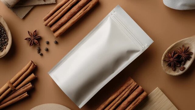Cinnamon and spices are arranged on a flat surface with a blank pouch for packaging at a kitchen setup