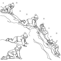 children climbing snowy hill.  Winter Crawl: Children Playing in Snow, Outline Vector Illustration | Kids Climbing Hill in Winter Clothes, Line Art, Snowy Landscape, Seasonal Activity