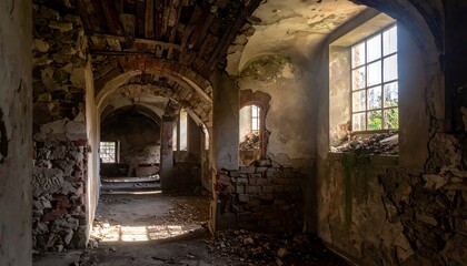 Sunlit interior of a decaying building
