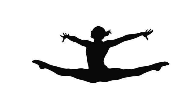Silhouette of a gymnast performing a split leap with arms extended