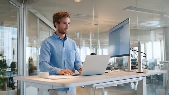 Productivity in Modern Workspace: A focused individual stands at a sleek standing desk, typing on a laptop, seamlessly integrated into a bright, contemporary office environment. 