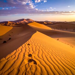 Sunrise over golden desert dunes