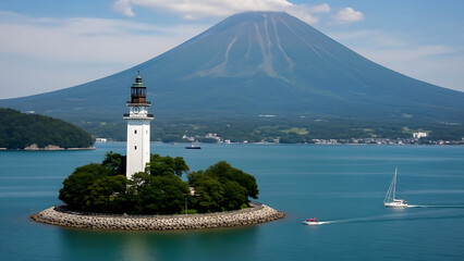 Coastal landscape with a classic white lighthouse on an island, majestic mountain backdrop, and boats sailing on serene blue waters under a clear sky