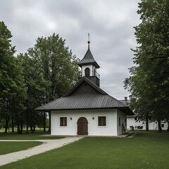 Serene white building with a dark roof and steeple, surrounded by lush green trees and well-maintained lawns in a tranquil setting
