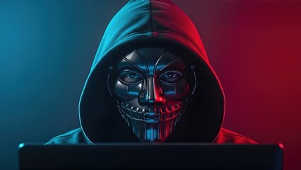 Mysterious figure in a dark hoodie with a robotic mask, sitting in front of a glowing computer screen, representing the concept of cybercrime and telephone scammers in a digital age