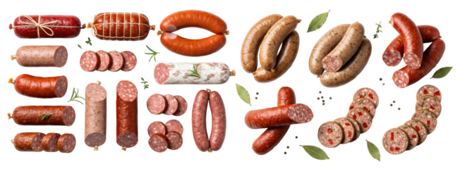 Variety of artisanal meat sausages featuring links and sliced pieces on a transparent background highlighting raw textures, top view, png