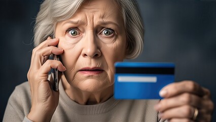 Elderly woman with gray hair, holding a credit card while speaking on the phone, expressing concern about potential cybercrime and telephone scams affecting her financial security