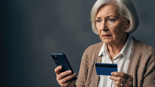 Elderly woman with gray hair, holding a smartphone and credit card, displaying concern and confusion, representing the impact of telephone scams and cybercrime on vulnerable individuals