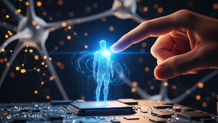Revolutionary human-computer interaction with a holographic body on a circuit board, symbolizing advanced AI, neuroscience, and the future of digital health and biotechnology innovation