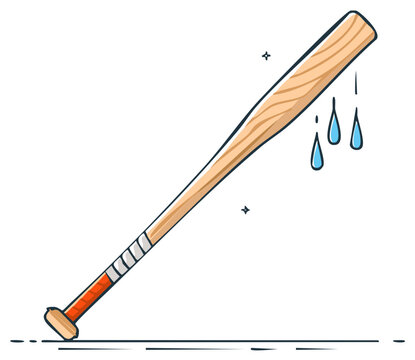 Clean wooden baseball bat sports equipment with falling water drops cartoon illustration