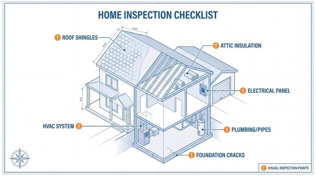 Home inspection checklist diagram shows inspection points on house cutaway for roof shingles attic insulation electrical panel plumbing pipes foundation cracks for real estate listing season